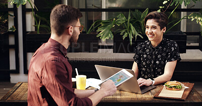 Buy stock photo Tech, meeting and business people with cafe, networking or creative remote work for website. Discussion, freelance teamwork or coffee shop communication with review for conversation or project ideas