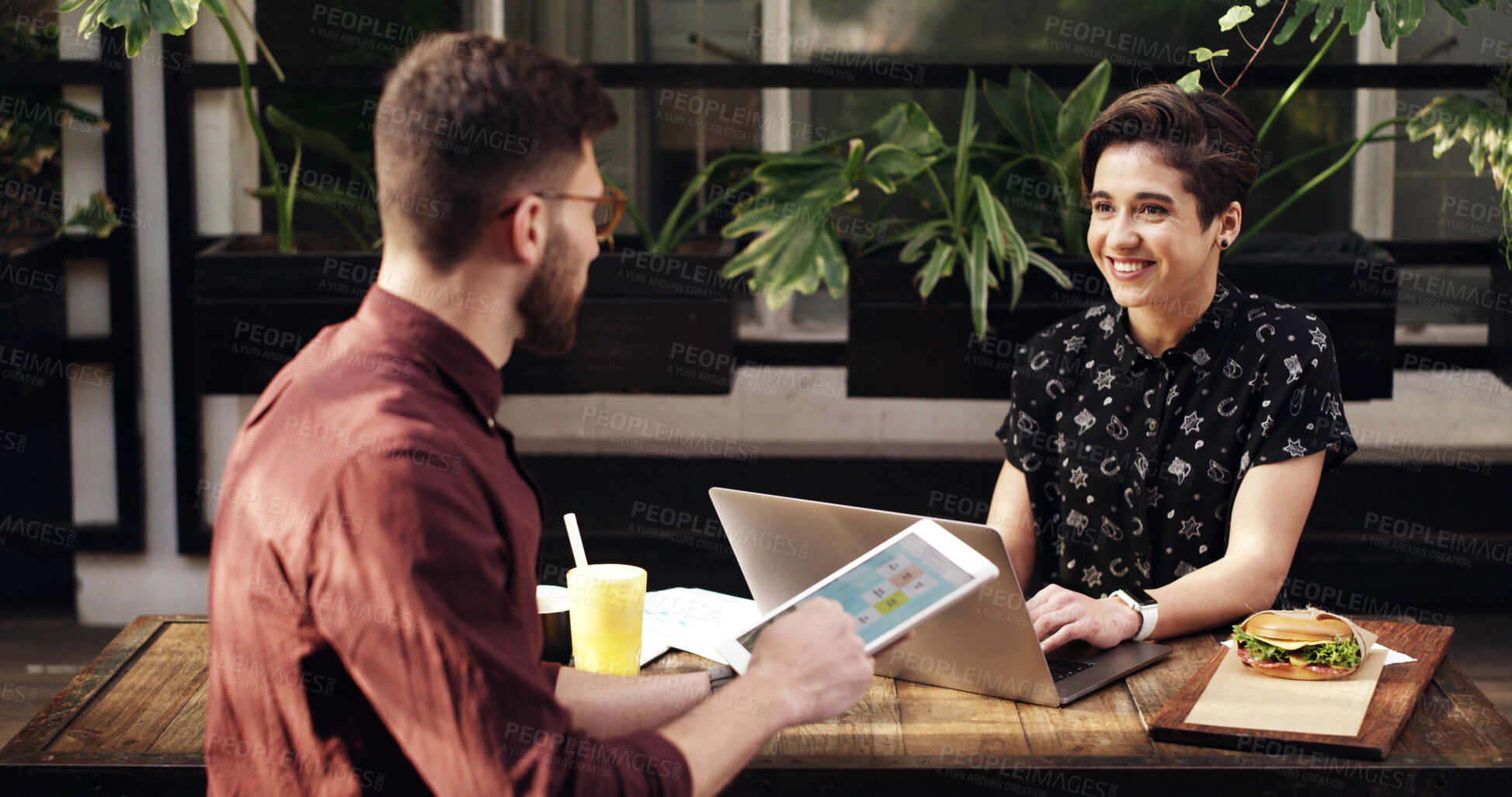Buy stock photo Tech, meeting and business people with cafe, networking or creative remote work for website. Discussion, freelance teamwork or coffee shop communication with review for conversation or project ideas