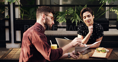 Buy stock photo Document, meeting and business people with cafe, remote work or b2b networking for website. Discussion, freelance teamwork or coffee shop communication with review for conversation or project ideas