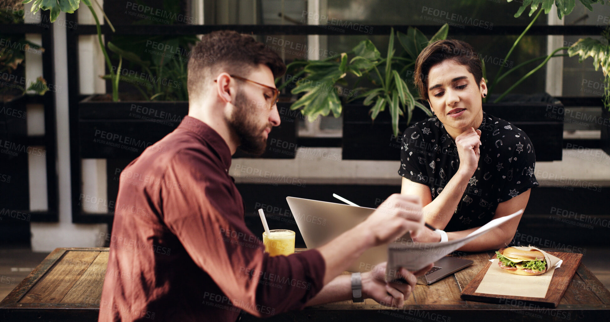 Buy stock photo Document, meeting and business people with cafe, remote work or b2b networking for website. Discussion, freelance teamwork or coffee shop communication with review for conversation or project ideas