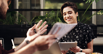 Buy stock photo Team, meeting and business people in cafe, tablet and remote work for brand proposal with paperwork. Tech, smile and collaboration with freelancer in coffee shop, planning campaign and project idea