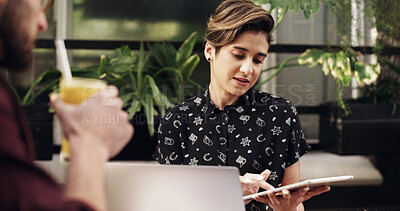 Buy stock photo Team, tablet and business people with idea, remote work or brand proposal in smoothie shop. Tech, discussion and collaboration with freelancer, planning campaign and creative review with drink