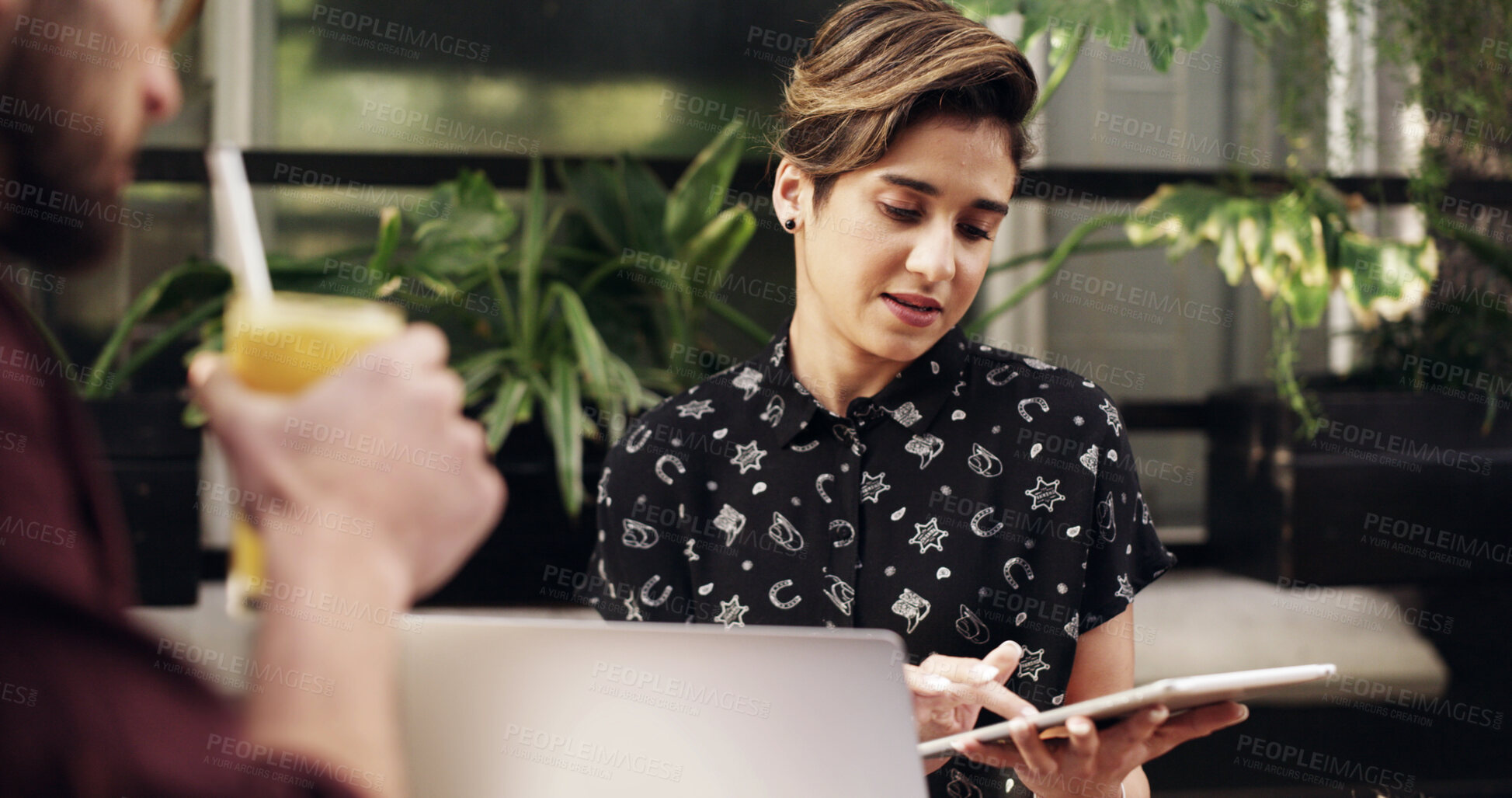 Buy stock photo Team, tablet and business people with idea, remote work or brand proposal in smoothie shop. Tech, discussion and collaboration with freelancer, planning campaign and creative review with drink