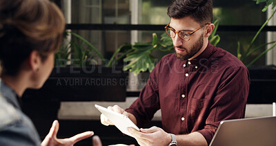 Buy stock photo Meeting, tablet and business people with idea in office, news review and journalist with proposal. Technology, discussion and team in workplace for planning, advice and fact check with feedback