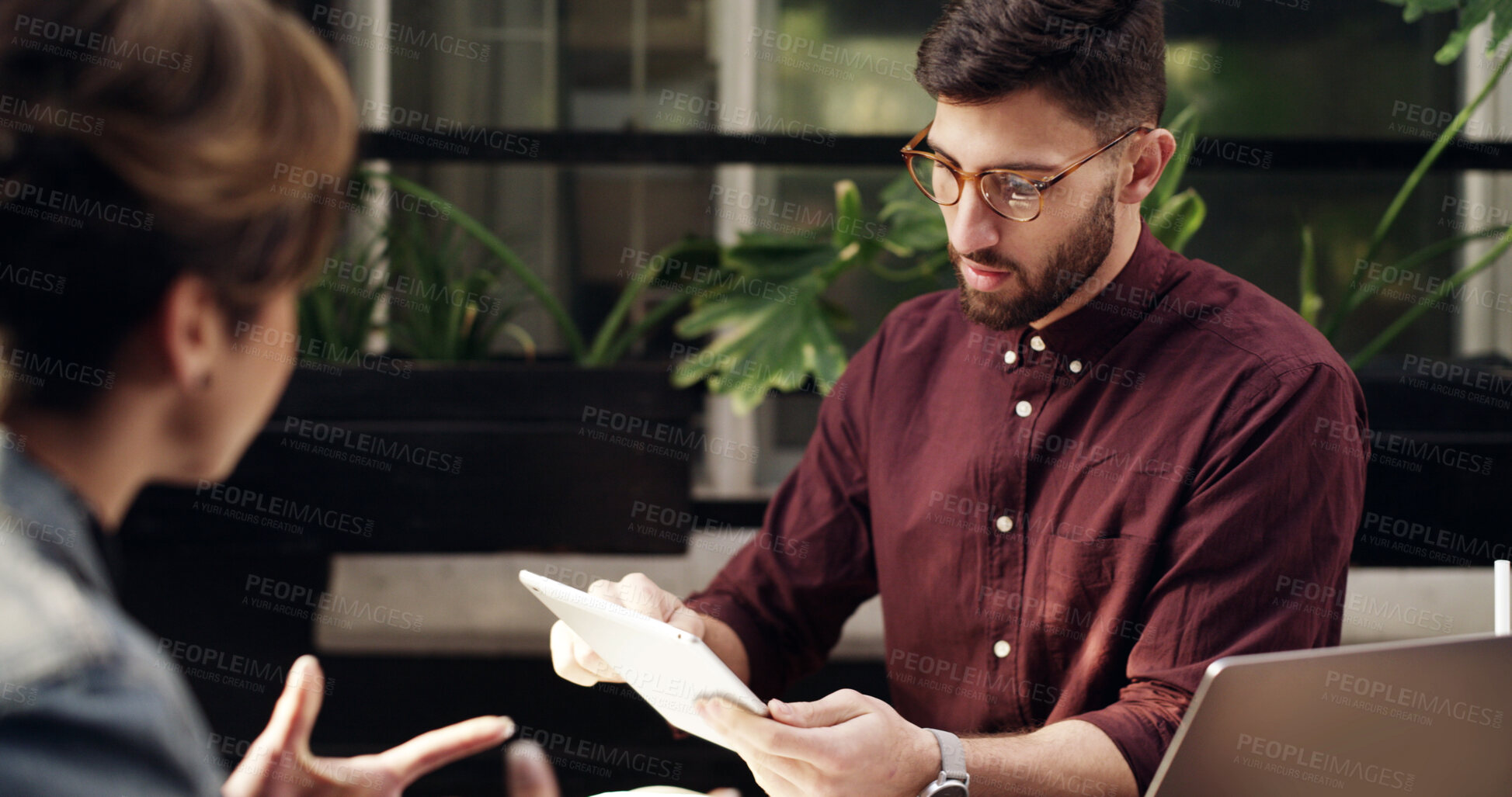 Buy stock photo Meeting, tablet and business people with idea in office, news review and journalist with proposal. Technology, discussion and team in workplace for planning, advice and fact check with feedback