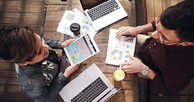 Buy stock photo Planning, meeting and business people in cafe with tablet screen, remote work and brand analysis. Tech, top view and happy team in coffee shop with annual projection chart, campaign budget or paper