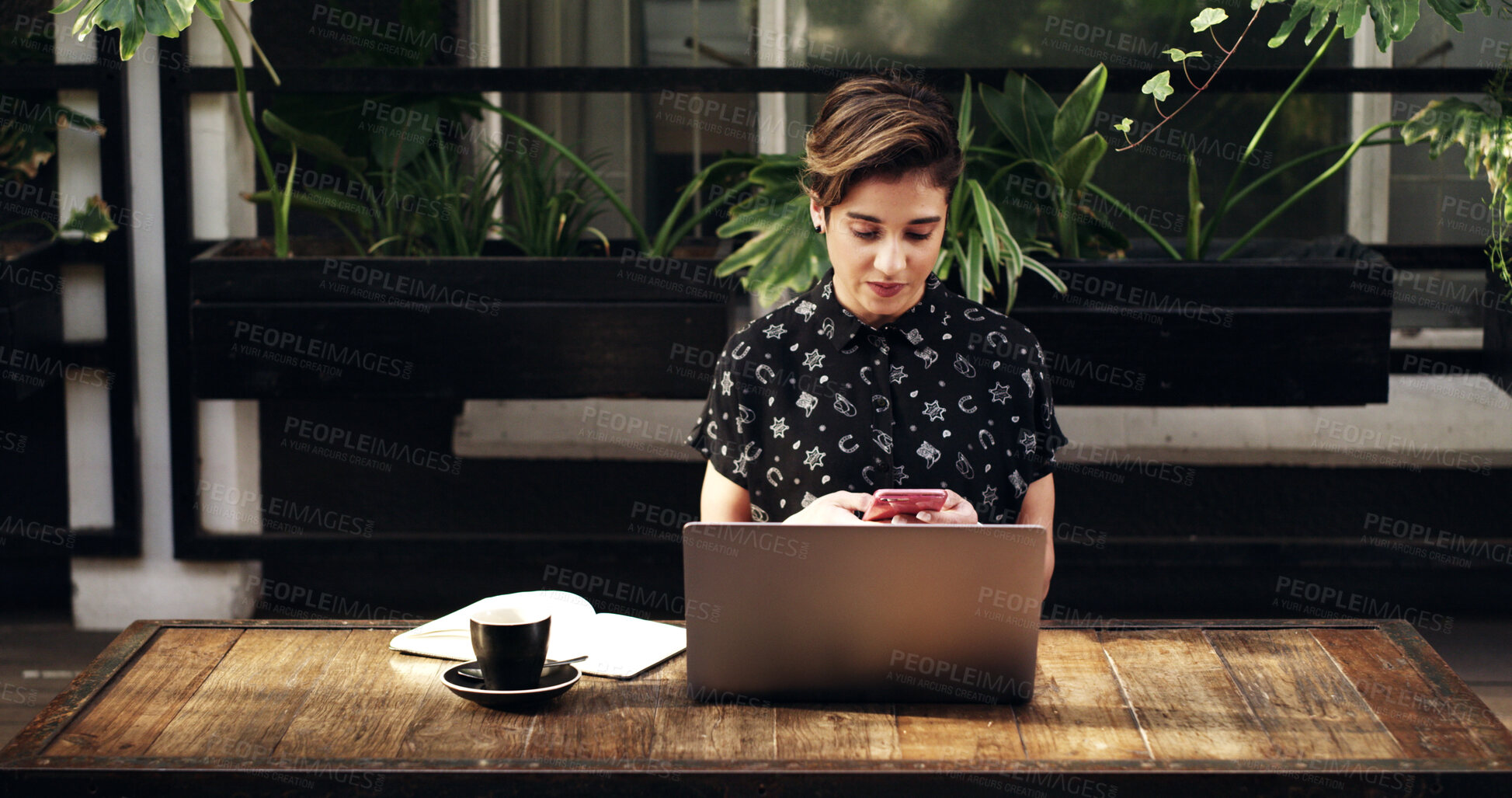 Buy stock photo Notebook, laptop and businesswoman in office with research for creative project online. Phone, technology and female magazine editor with email for feedback on article publishing at startup agency.