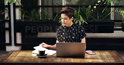 Buy stock photo Notebook, computer and businesswoman in office with research for creative project online. Reading, laptop and female magazine editor with email for feedback on article publishing at startup agency.