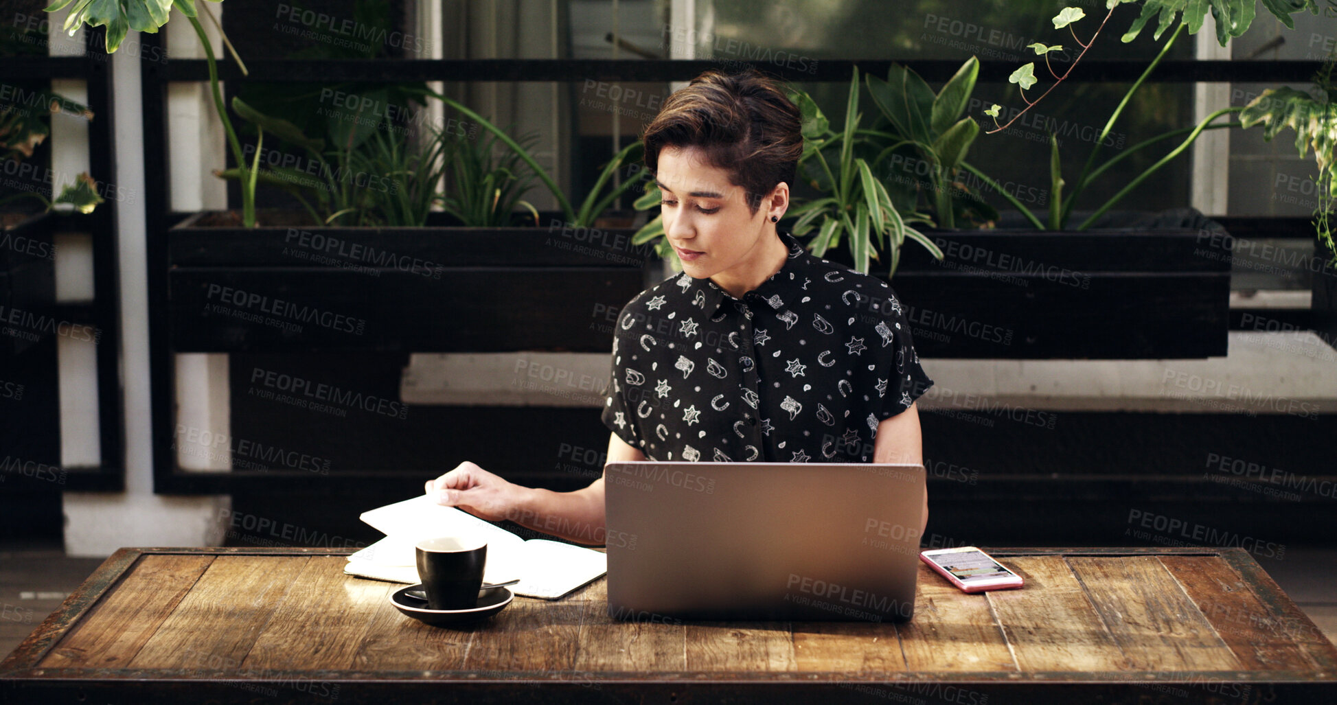 Buy stock photo Notebook, computer and businesswoman in office with research for creative project online. Reading, laptop and female magazine editor with email for feedback on article publishing at startup agency.