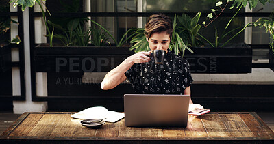 Buy stock photo Remote work, laptop or woman at cafe with cup, draft edit or source feedback for article. Freelance, tech or journalist in restaurant with coffee, blog fact check or industry research for publication