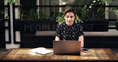 Buy stock photo Notebook, typing and businesswoman with laptop in office with research for creative project online. Computer, technology and magazine editor with email for feedback on publishing at startup agency.