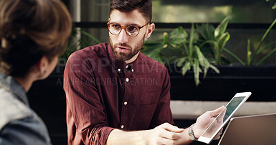 Buy stock photo Team, tablet and business people with proposal in office, brand idea and brainstorming. Tech, discussion and collaboration in workplace for planning campaign, meeting or ads with feedback for project