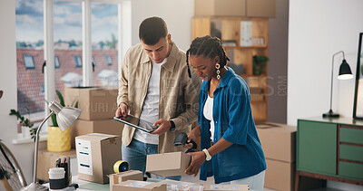 Buy stock photo Barcode scanner, boxes and tablet with people in logistics office for delivery or distribution tracking. App, ecommerce and supply chain with employees at work for management of shipping schedule