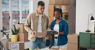 Buy stock photo Box, tablet and talking with people in logistics office for delivery or distribution tracking. App, conversation and small business with supply chain team at work for management of shipping schedule