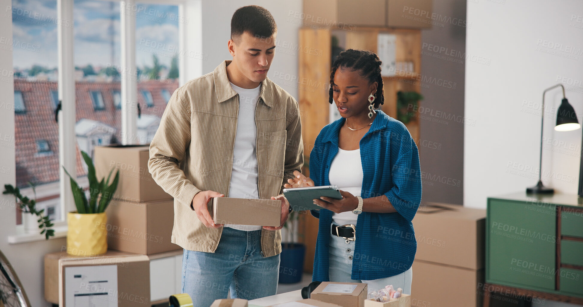 Buy stock photo Box, tablet and talking with people in logistics office for delivery or distribution tracking. App, conversation and small business with supply chain team at work for management of shipping schedule