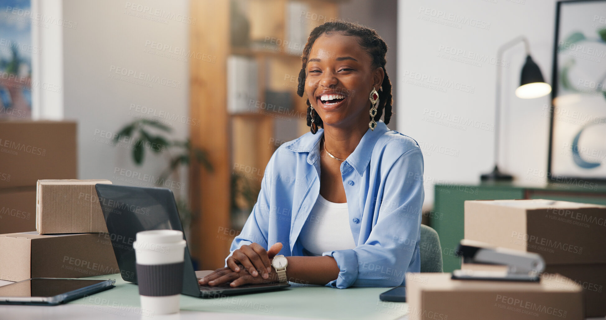 Buy stock photo Laptop, laughing and portrait of black woman in logistics office for delivery of online order. Computer, distribution and ecommerce with funny African employee in workplace for supply chain shipping