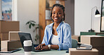 Laptop, portrait and smile of black woman in logistics office for delivery of online order. Computer, distribution and ecommerce with happy African employee in workplace for supply chain shipping