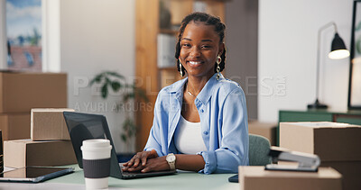 Buy stock photo Laptop, portrait and smile of black woman in logistics office for delivery of online order. Computer, distribution and ecommerce with happy African employee in workplace for supply chain shipping