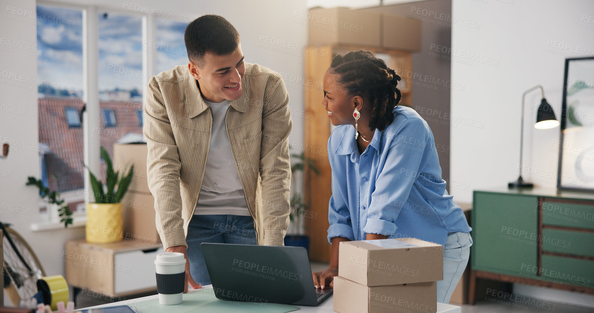 Buy stock photo Boxes, laptop and talking with people in logistics office for delivery or distribution tracking. Computer, small business and supply chain with employees at work for management of shipping schedule