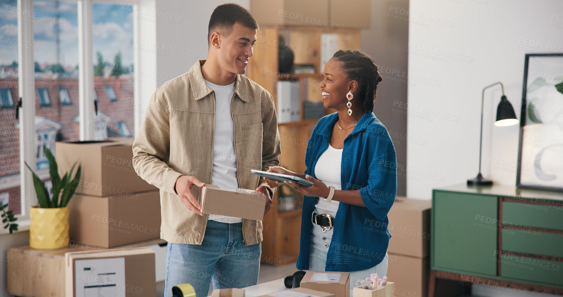 Buy stock photo Box, smile and tablet with people in logistics office together for delivery of online order. App, collaboration and ecommerce distribution with happy supply chain team at work for shipment tracking