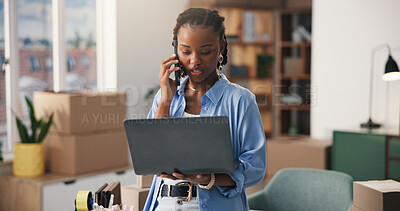 Buy stock photo Phone call, logistic or black woman in office with laptop, package track or discussion on shipping service. Distribution, chat or entrepreneur with tech, courier or delivery checklist in supply chain