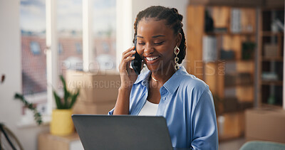 Buy stock photo Phone call, logistics or woman in office with laptop, package track or communication on shipping service. Smile, contact or black supplier with tech, parcel or delivery update in cargo distribution.