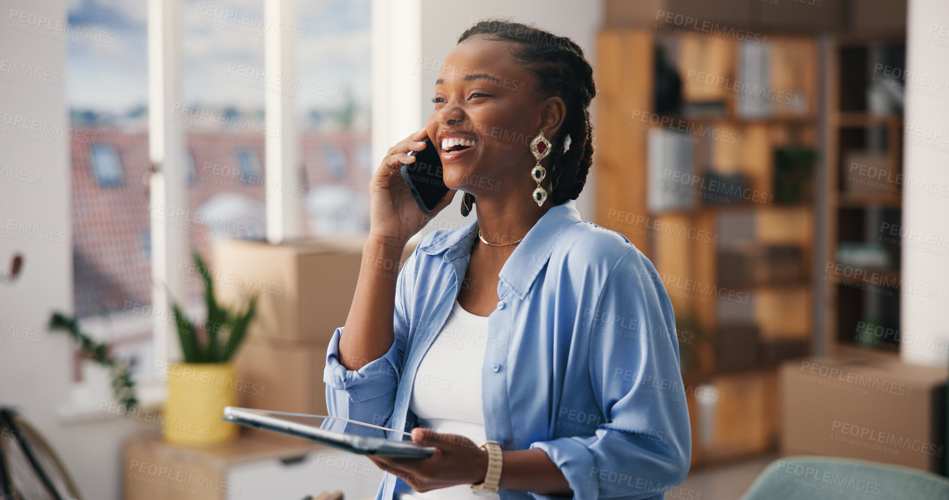 Buy stock photo Phone call, logistics or black woman in office with tablet, package track or communication on shipping service. Happy, contact or supplier with tech, parcel or delivery update in cargo distribution.