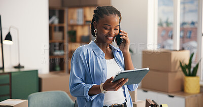 Buy stock photo Phone call, logistics or black woman in office with tablet, package track or communication on shipping update. Happy, contact or supplier with tech, parcel or delivery checklist in cargo distribution