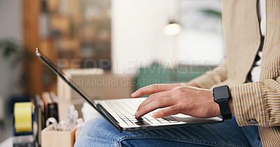Buy stock photo Logistics, man and hands in small business with laptop, typing email or report for ecommerce website. Person, research or browse in office with computer, shipping and courier update for online order.