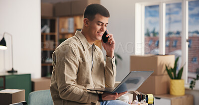 Buy stock photo Phone call, logistics or man in office with laptop, package track or conversation on shipping update. Happy, contact or supplier in agency with tech, stock or delivery checklist in cargo distribution