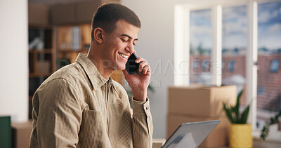 Buy stock photo Man, phone call and laptop with smile for logistics, courier service or seller in small business. Distributor, supplier and tech with info for delivery order, shipping or e commerce startup in home