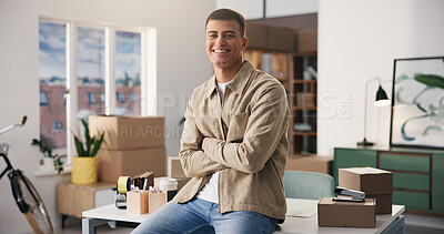 Buy stock photo Portrait, man and arms crossed at small business for logistics, career pride and about us for ecommerce. Happy, male person and confident with boxes, supply chain and ambition of package distribution