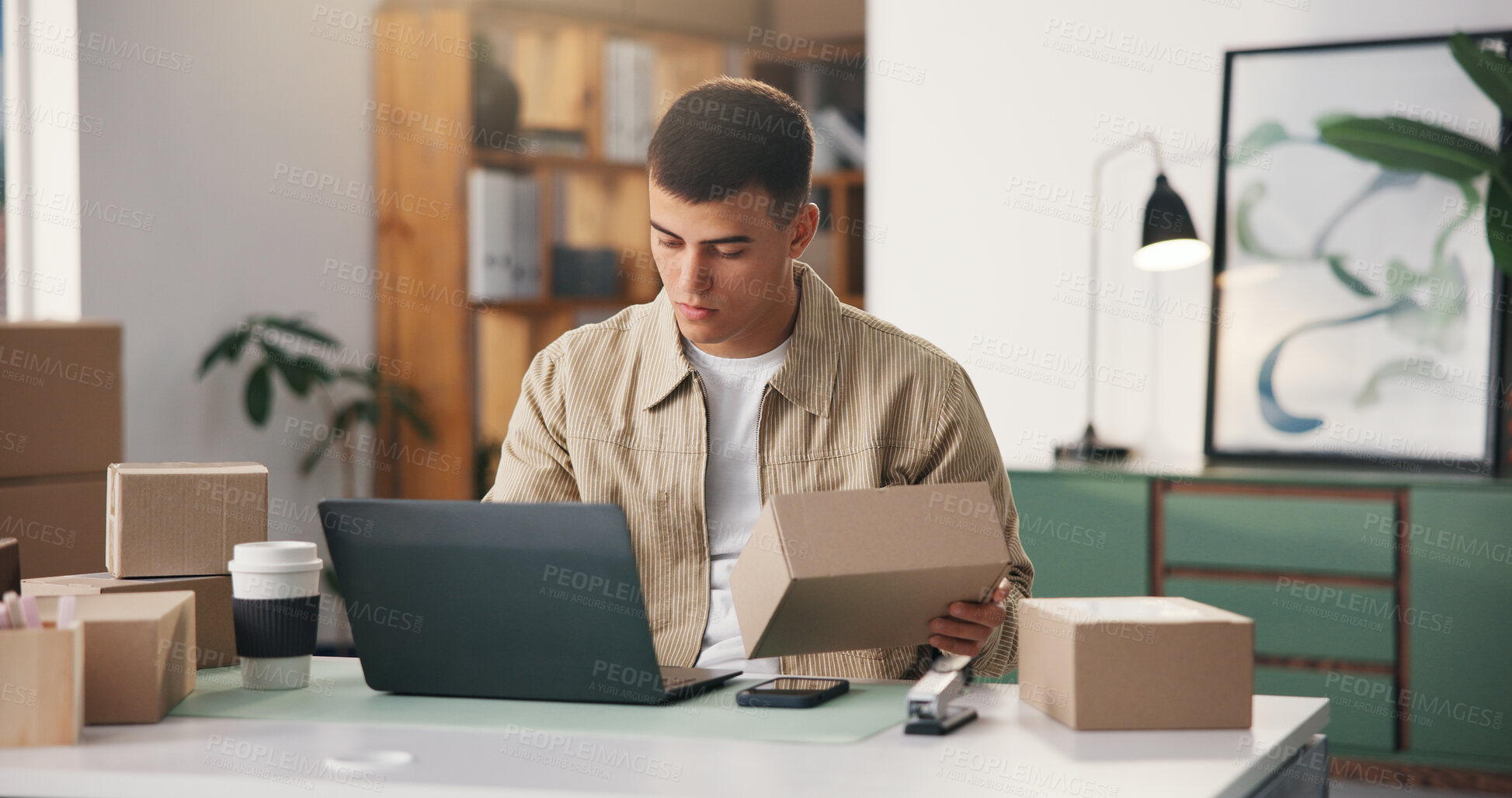 Buy stock photo Laptop, small business and man with box for ecommerce, inventory or track order in startup office. Computer, person and logistics entrepreneur with package for stock procurement, shipping or email