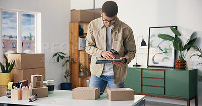 Buy stock photo Barcode scanner, boxes and tablet with man in logistics office for delivery or distribution tracking. App, small business and supply chain with employee at work for manageent of shipping schedule