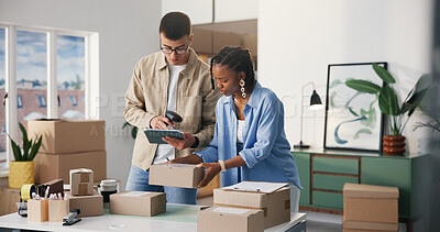 Buy stock photo Scanner, boxes and business people in office, tablet and checklist for shipping schedule. Employees, cardboard and man with woman, startup company and teamwork for backlog, conversation and ecommerce