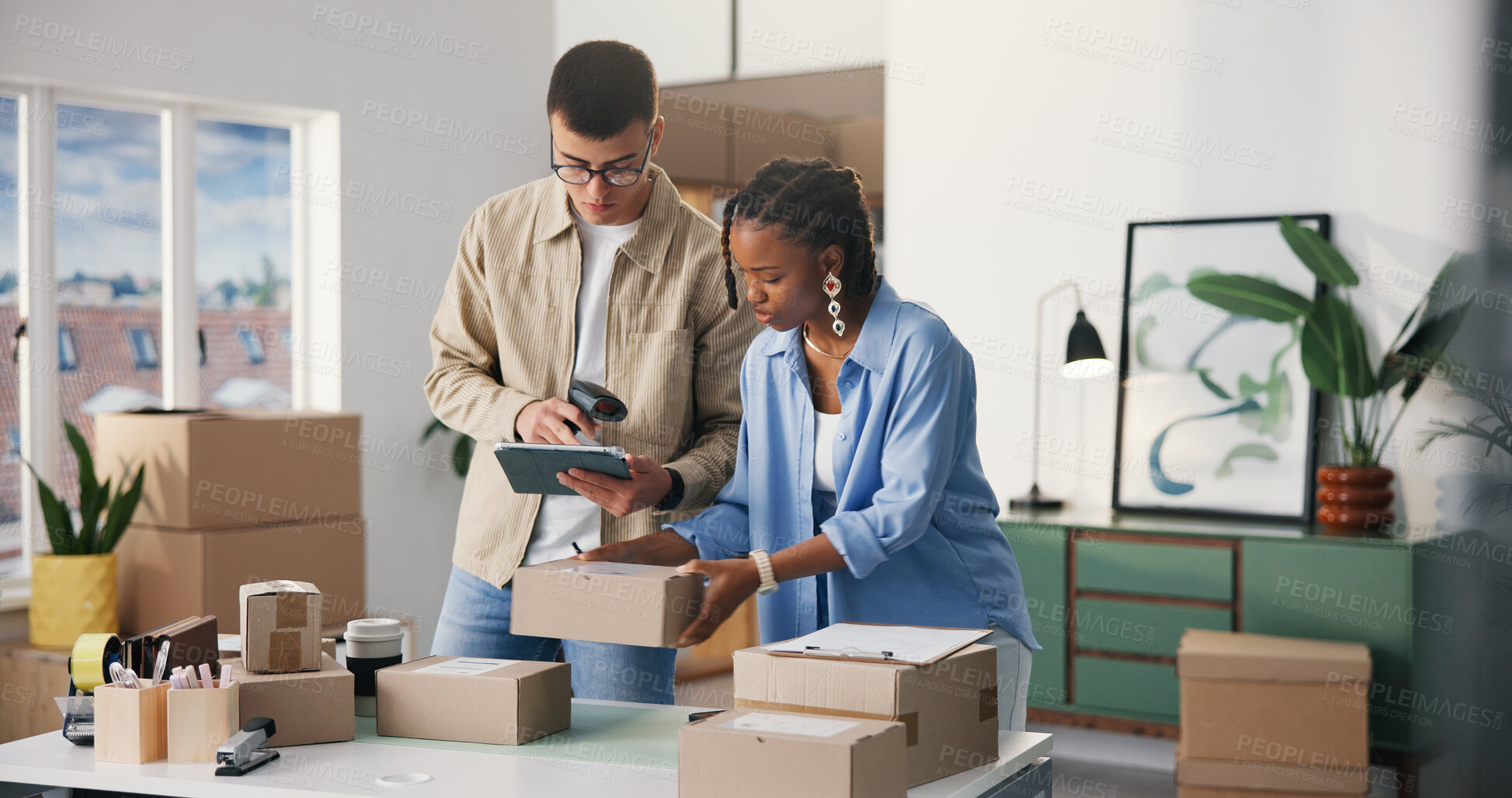 Buy stock photo Scanner, boxes and business people in office, tablet and checklist for shipping schedule. Employees, cardboard and man with woman, startup company and teamwork for backlog, conversation and ecommerce
