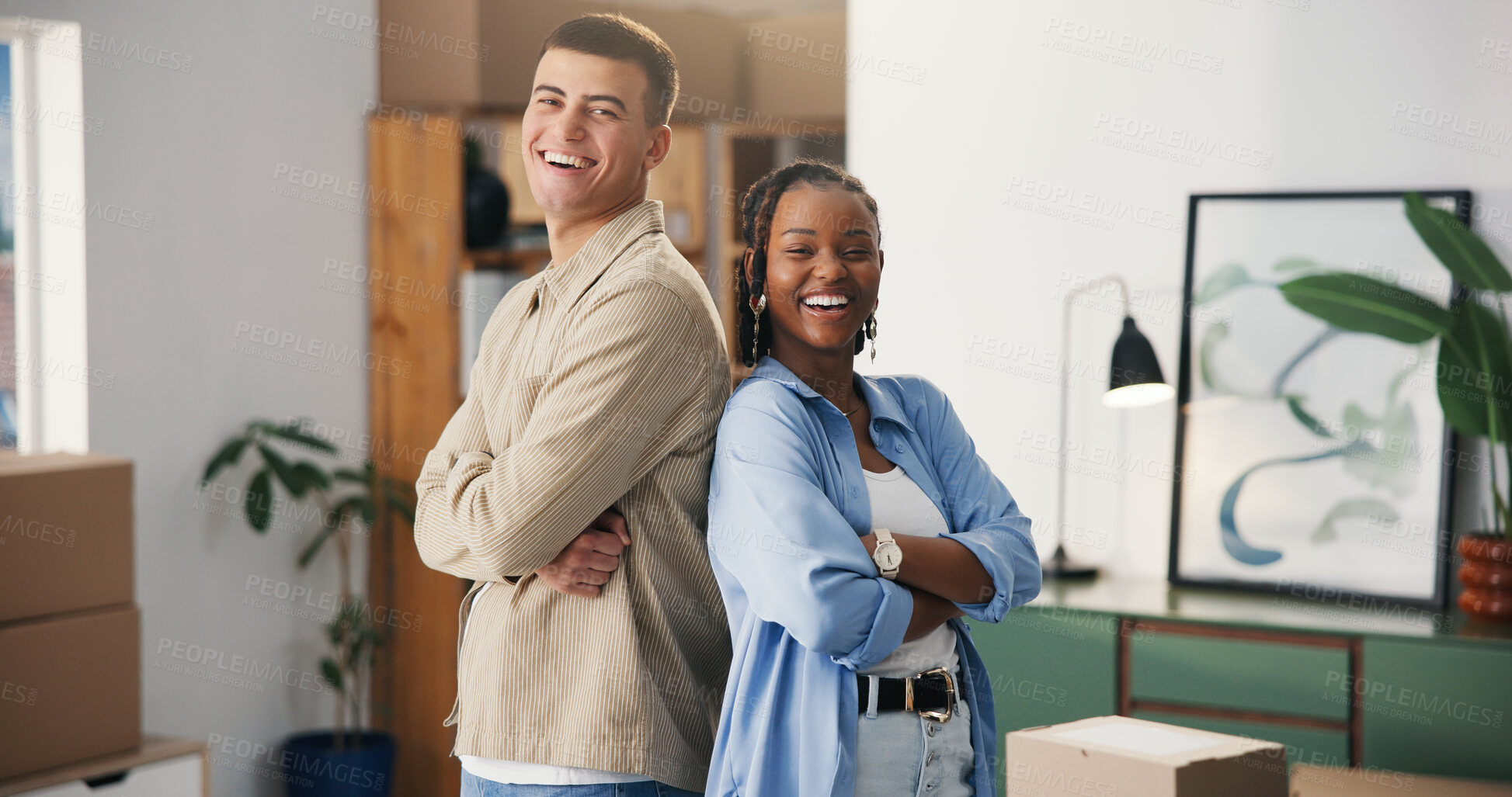 Buy stock photo Happy, business people and portrait with confidence for logistics, delivery or shipping service. Businessman, woman or team with boxes, smile or arms crossed for supply chain, distribution or startup