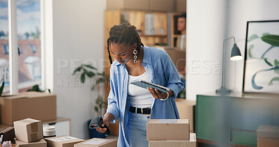 Buy stock photo Tablet, box or black woman with barcode scanner for ecommerce, price or inventory. Tech, package and logistics entrepreneur with reader for label info, shipping or check stock in startup office