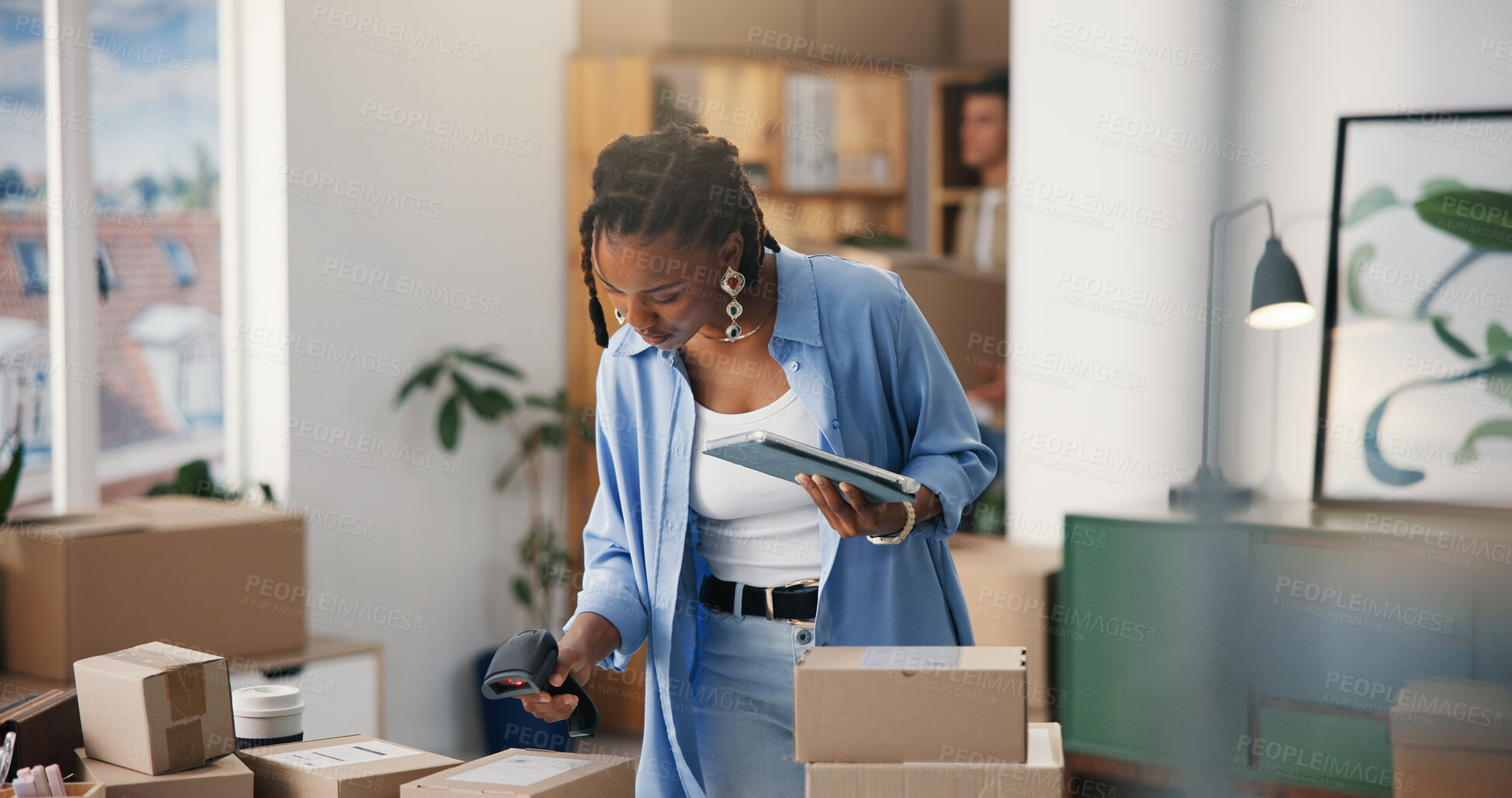 Buy stock photo Tablet, box or black woman with barcode scanner for ecommerce, price or inventory. Tech, package and logistics entrepreneur with reader for label info, shipping or check stock in startup office