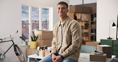 Buy stock photo Portrait, man and smile at small business with logistics, career pride and about us for ecommerce. Happy, male entrepreneur and confident with boxes, supply chain and ambition of package distribution