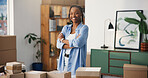 Smile, black woman and arms crossed at small business with logistics, career pride and ecommerce. Portrait, female person and confident with boxes, supply chain and ambition for package distribution