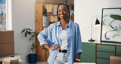 Buy stock photo Portrait, black woman and smile at small business with logistics, career pride and ecommerce. Female person, entrepreneur and confident with boxes, supply chain and ambition for package distribution