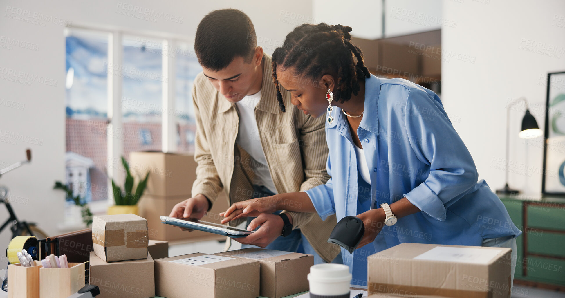 Buy stock photo Logistic, scanner or people in office with tablet, team or inventory management for shipping. Distribution, collaboration or suppliers with tech, package checklist or delivery service in supply chain