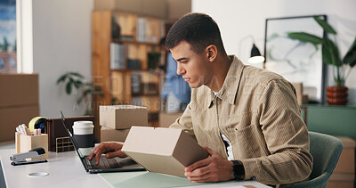 Buy stock photo Box, laptop and typing with man in logistics office for delivery or distribution tracking. Computer, small business and supply chain with employee in workplace for management of shipping schedule