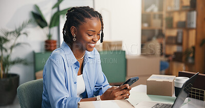 Buy stock photo Logistics, phone and smile of black woman in office for delivery or distribution tracking. App, supply chain and typing with happy African employee at work for management of shipping schedule
