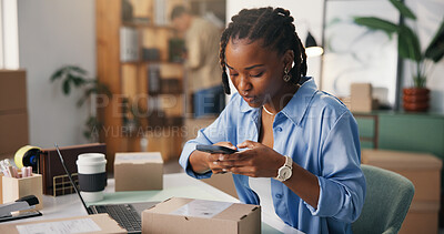 Buy stock photo Barcode, box and phone with black woman in logistics office for delivery or distribution tracking. App, photograph and supply chain with African employee at work for management of shipping schedule