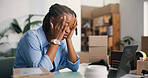 Ecommerce, woman and stress in office with laptop, headache and bad review for distribution backlog. Tired, black person and migraine in workplace with computer, courier challenge and logistics fail.