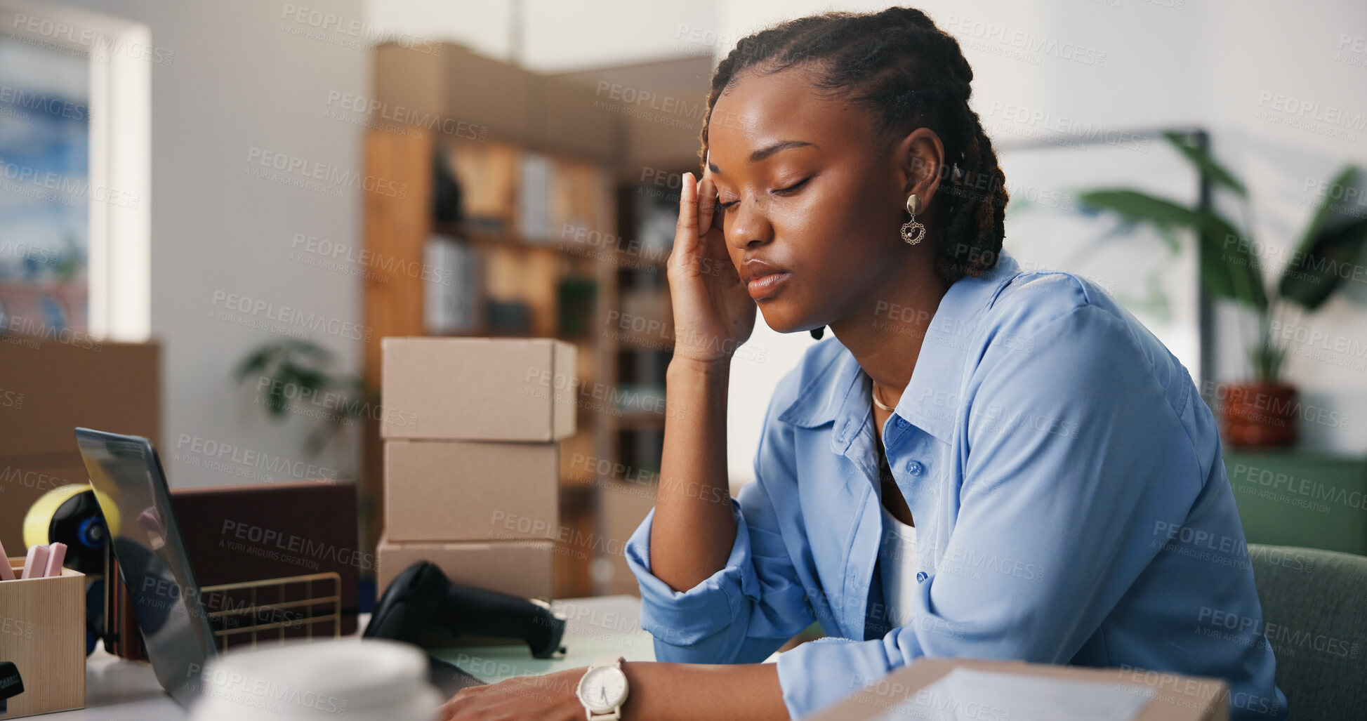 Buy stock photo Logistics, woman and headache in office with laptop, ecommerce stress and bad review for distribution. Tired, black person and migraine in workplace with computer, courier delay and supplier backlog.