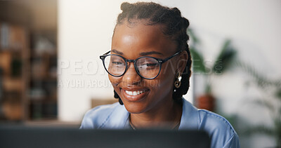 Buy stock photo Business, glasses and black woman in office, laptop for online reading and copywriting. African person, eyewear and journalist in workplace, creative agency and pc for article submission and smile