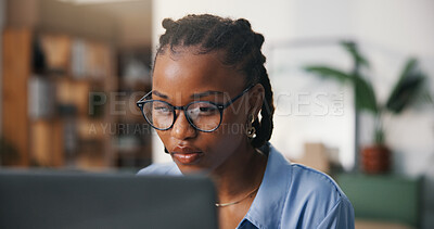 Buy stock photo Business, glasses and black woman in workplace, laptop for online reading and copywriting. African person, eyewear and journalist in office, creative agency and pc for column submission or reflection